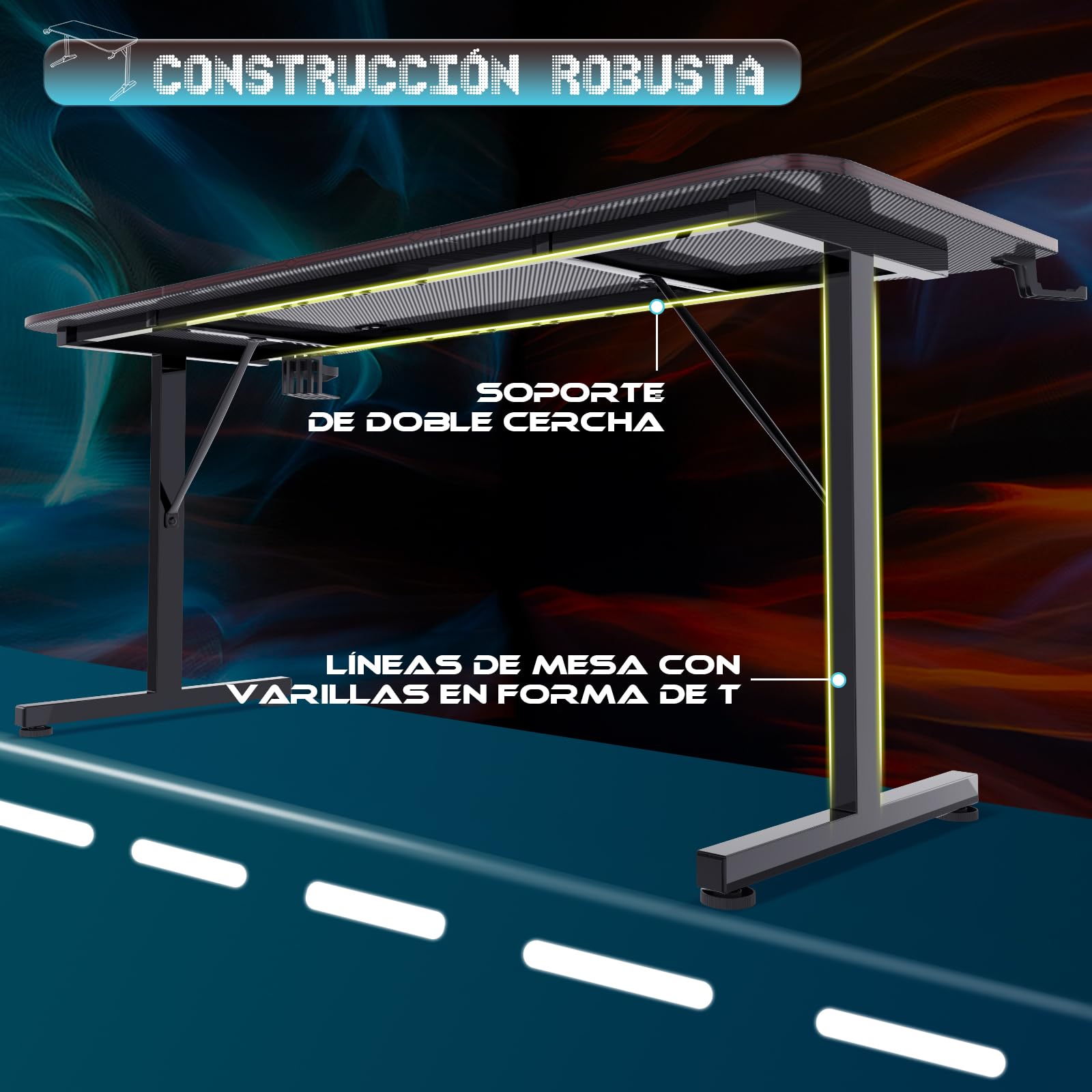 Devoko Mesa Gaming 180 x 60 cm, Escritorio Gaming de Fibra de Carbono, Escritorio de Juego Ergonómico con Alfombrilla de Ratón, Ganchos para Auriculares y Soporte para Vasos de Agua