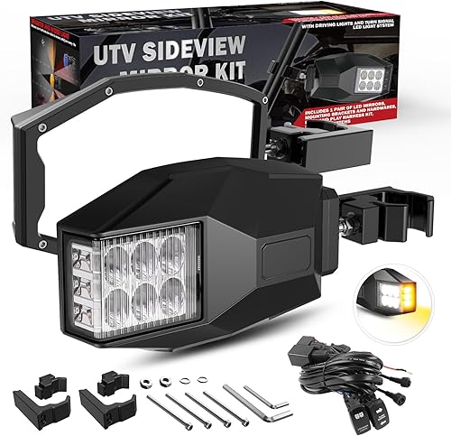 CO LIGHT UTV - Espejos retrovisores laterales de aluminio con luces LED blancas, intermitente ámbar, kit legal de calle, abrazadera de tubo para