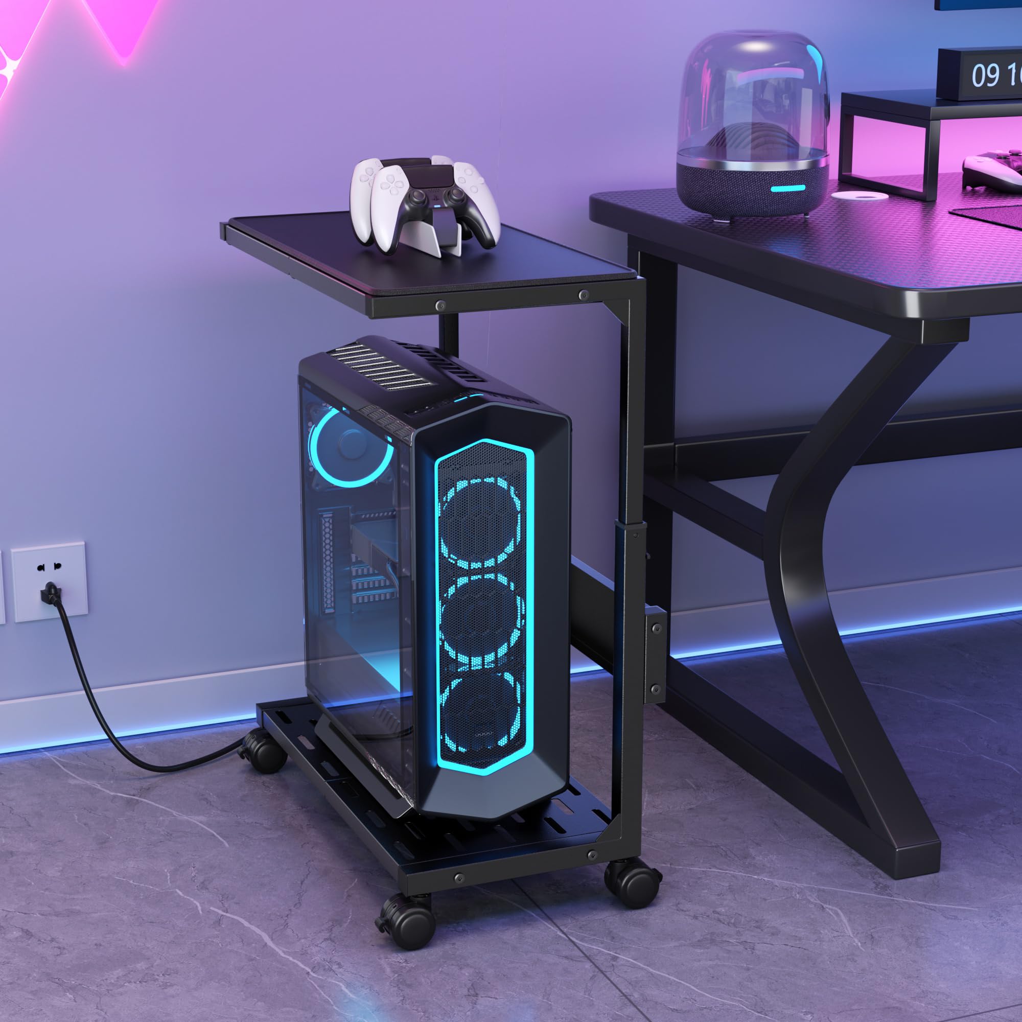 Aquzee PC Ständer, Höhenverstellbarer Computer Tower Ständer, Metall PC Rollwagen, Computer Stand Beistelltisch Schwarz, 2 Regal PC Halterung Unter Schreibtisch, Computerschrank für Gehäuse