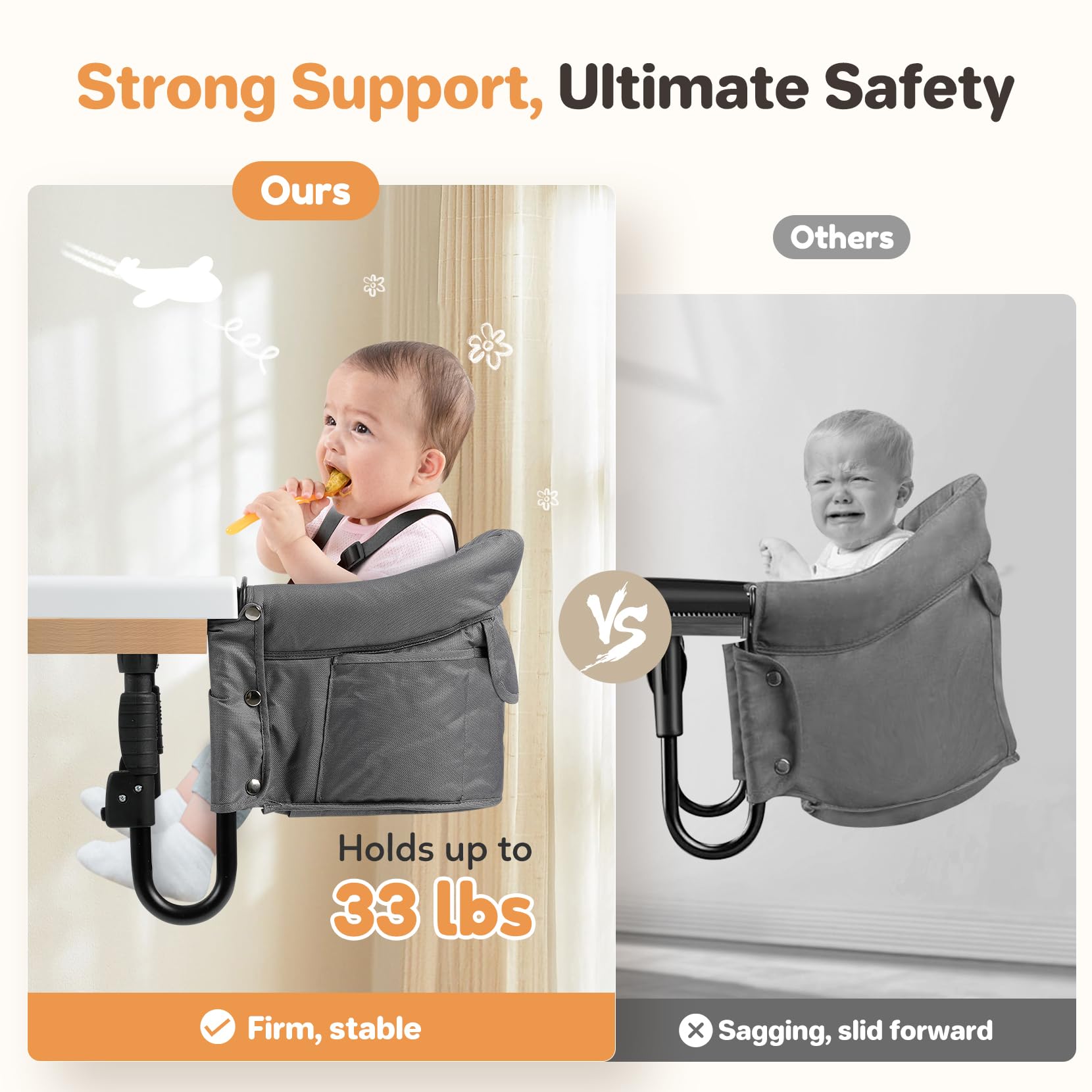Ezebaby Seggiolone da tavolo pieghevole con cintura di sicurezza a 5 punti e borsa per il trasporto di spessore da 2,5 a 7,5 cm (grigio, con vassoio)