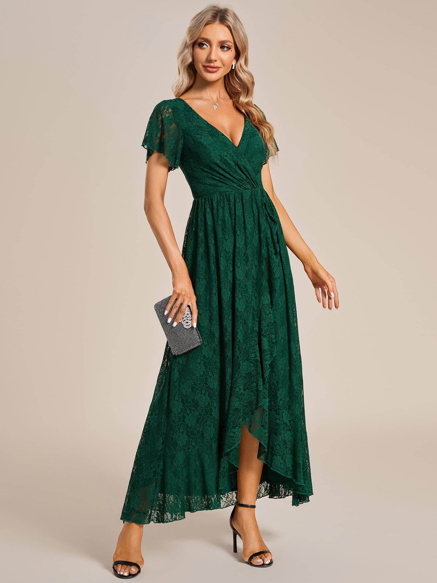 Ever-Pretty Vestito da Sera Donna Lungo Pizzo Scollo a V Maniche Corte Semplice Abiti da Sera EE01489