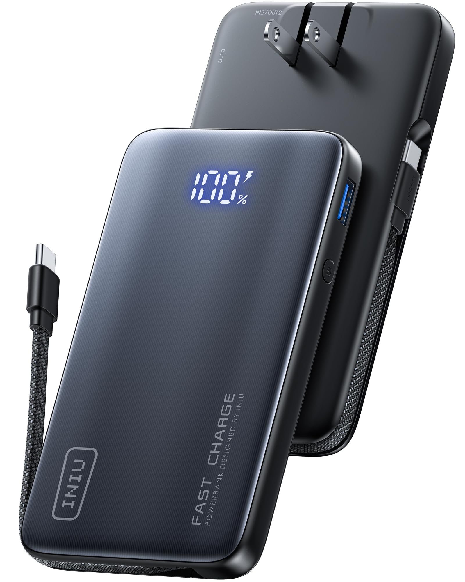 INIU 3-in-1 Portable Charger 45W 10000mAh Fast Charging Power Bank Built-in USB C Cable Foldable Wall Plug Travel