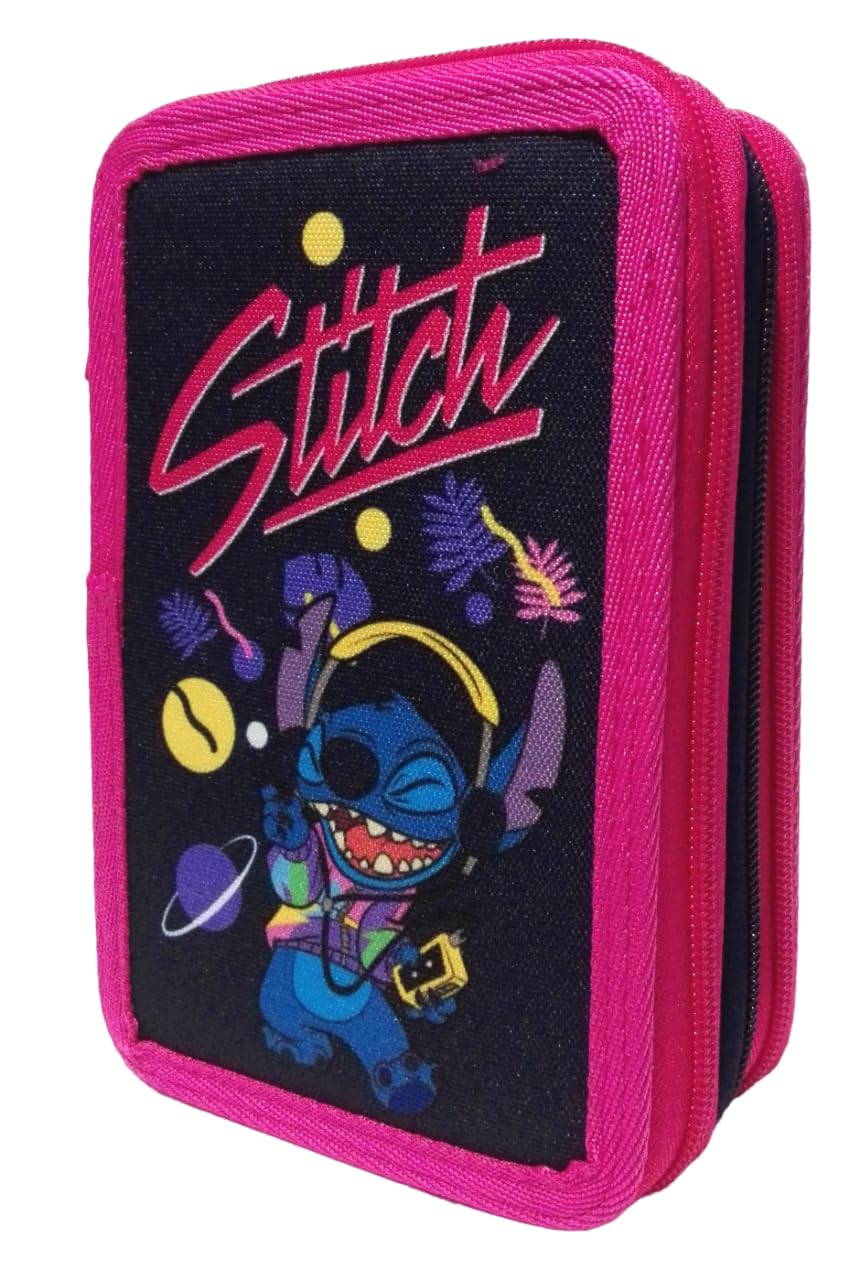 PRESTIGE & DELUXE Estuche escolar Stitch 3 pisos completo + regalo llavero lentejuelas y bolígrafo de color, multicolor, standard, Estuche