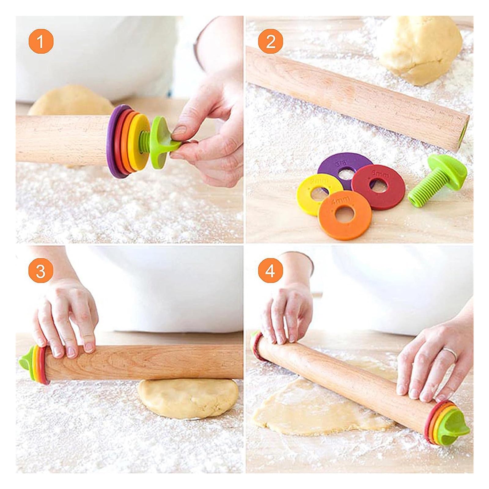Mattarello in legno regolabile con anelli di spessore, set perni in da 16 pollici for cuocere il pane della pizza, utensili forno