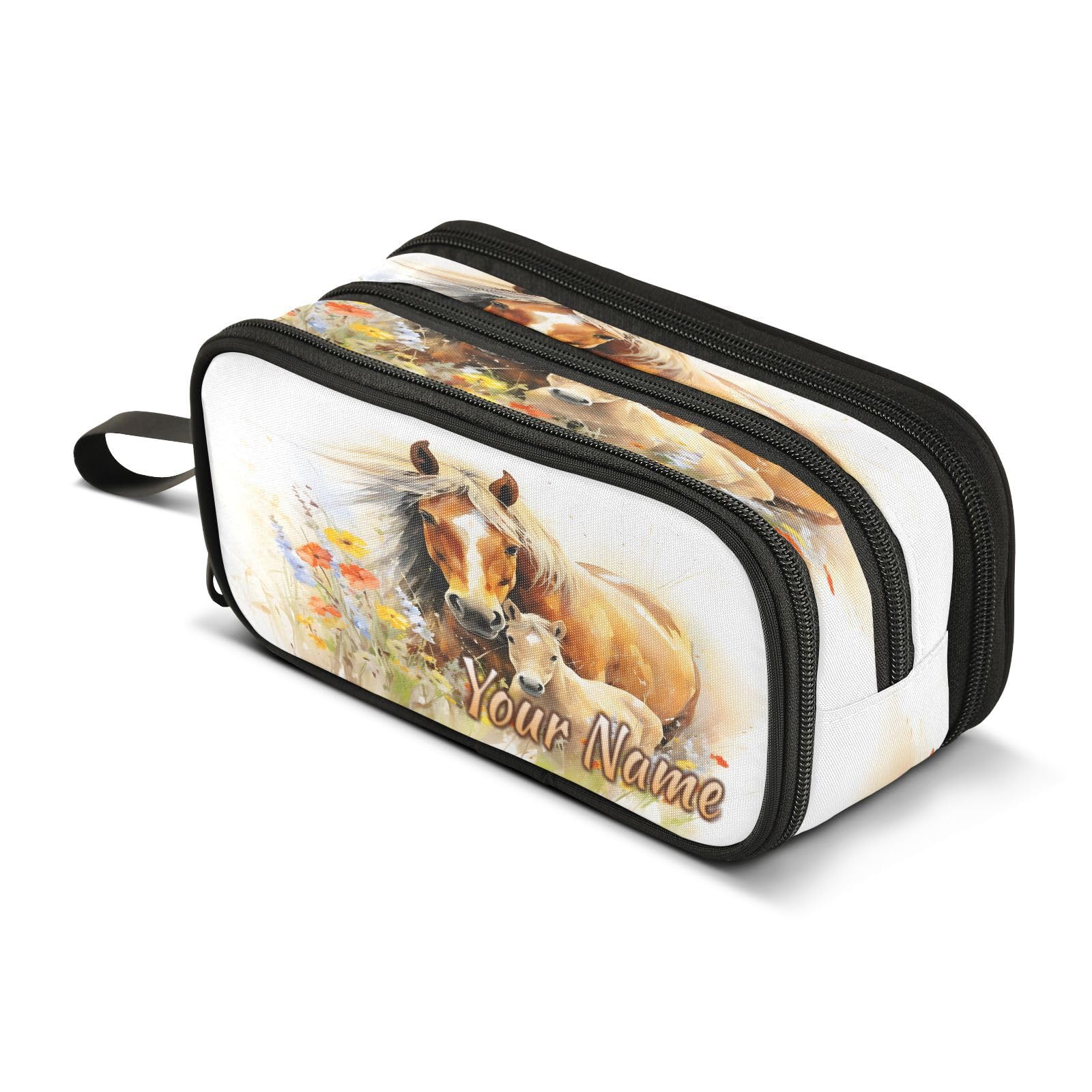 Mnsruu Personalised Pencil Case Custom Pencil Pouch with Your Name Horse Flower Horses Large Stationery Pen Bag for Boys Girls Adults School Office — image 1