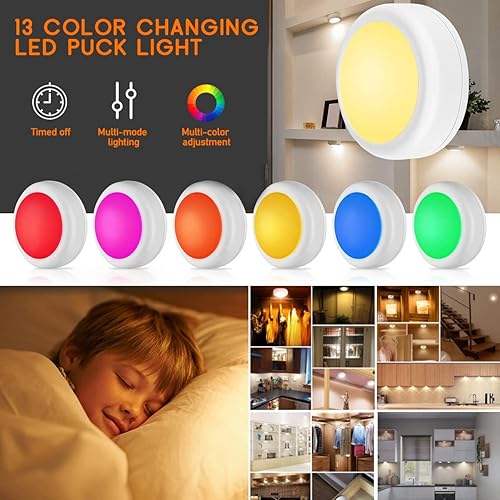 Miniatura 4 de SIXDEFLY Paquete de 12 luces LED inalámbricas que cambian de color, 12 luces LED para debajo del gabinete, luces nocturnas alimentadas por batería,