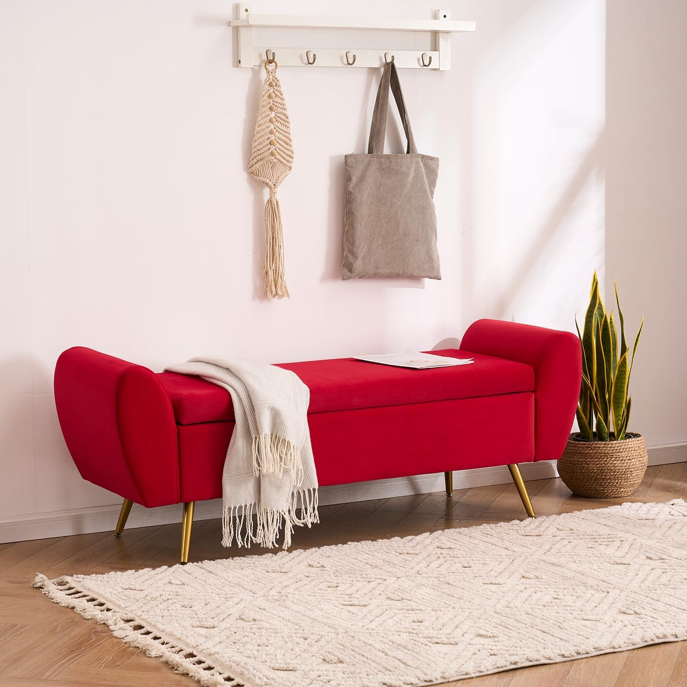 Storage Bench for Bedroom, 55" Extra Long Bench for King Size Bed, Modern Upholstered End of Bed Ottoman Bench with Arms for Entryway Living Room (Velvet, Fuchsia Red)