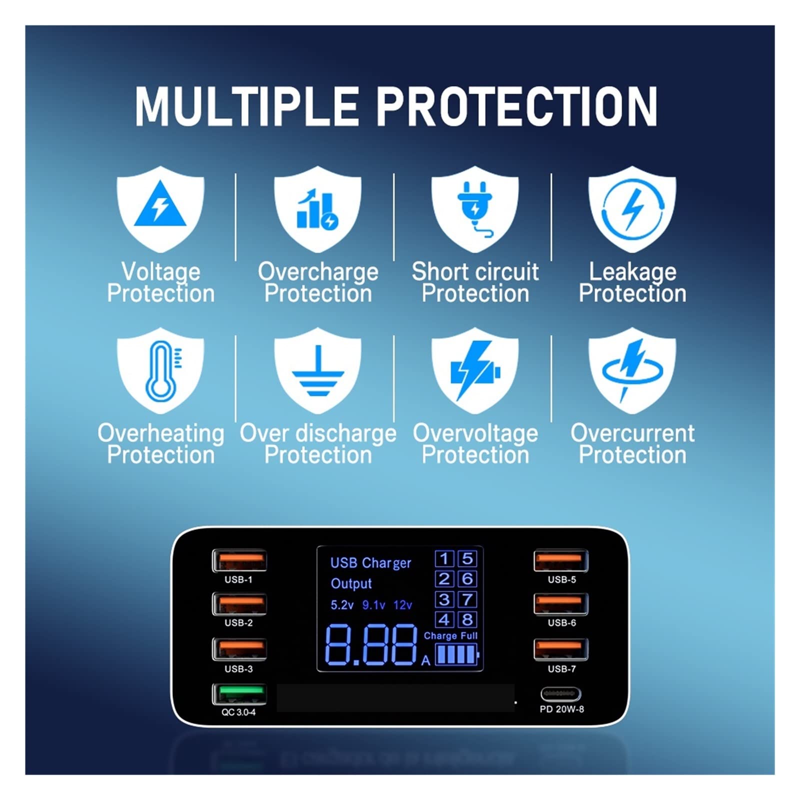 Stacja ładowania, 8 portów szybka ładowarka USB QC3.0 szybkie ładowanie typu C inteligentna stacja ładująca LCD cyfrowy wyświetlacz USB wieloportowy do telefonu(60W PD QC3.0)