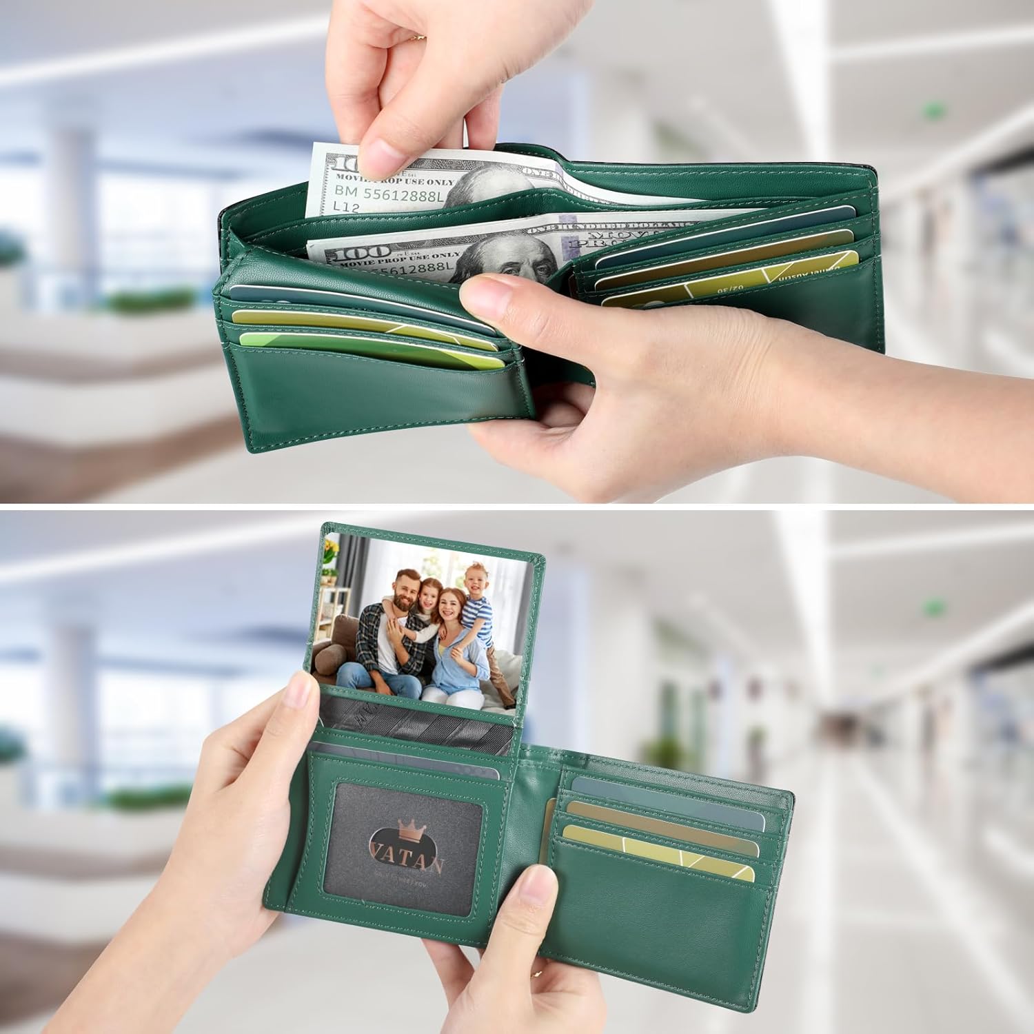 VATAN Wallet for Men Slim RFID Blocking Leather Credit Card Holder Wallet for 15 Cards, Bifold Minimalist Thin Wallet with 2 ID Windows & Cash Slot, With Gift Box (Carbon black and Green) - Image 3