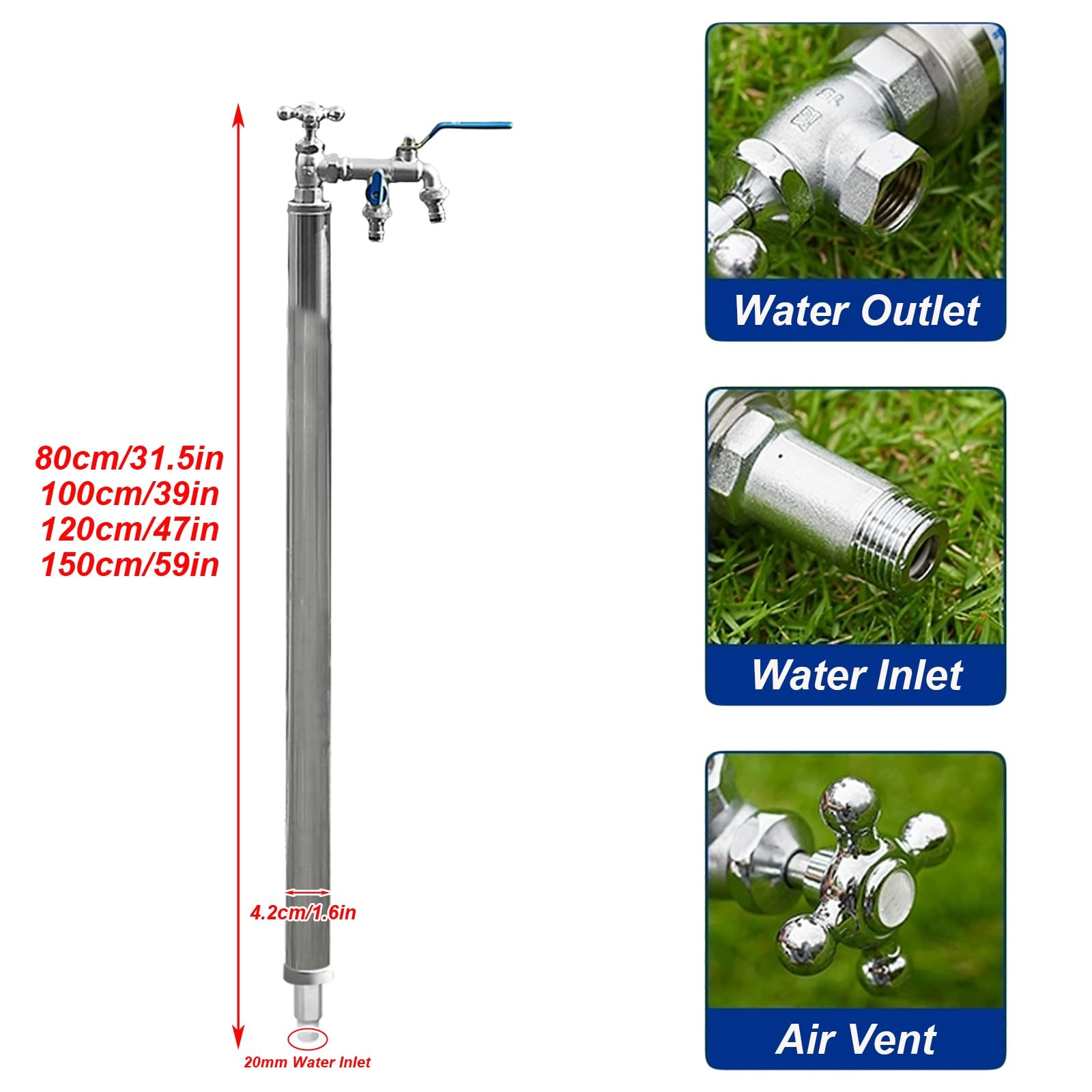 Grifo de jardín al aire libre de acero inoxidable de 47 pulgadas, anticongelante, a prueba de heladas, columna de agua para protección contra el invierno, ideal para jardines y patios