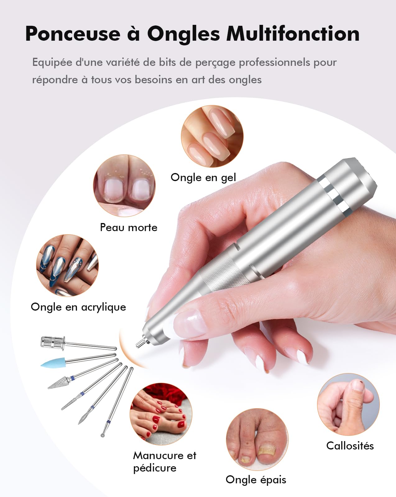 HOMEASY Ponceuse pour Ongles Professionnel: 40000 RPM Lime a Ongle Electrique Rechargeable, 6 en 1 Ponceuse Ongle pour Acrylique/Gel, Vitesse Réglable F/R, Ponceuse Manucure pour Salon/Maison, Blanc