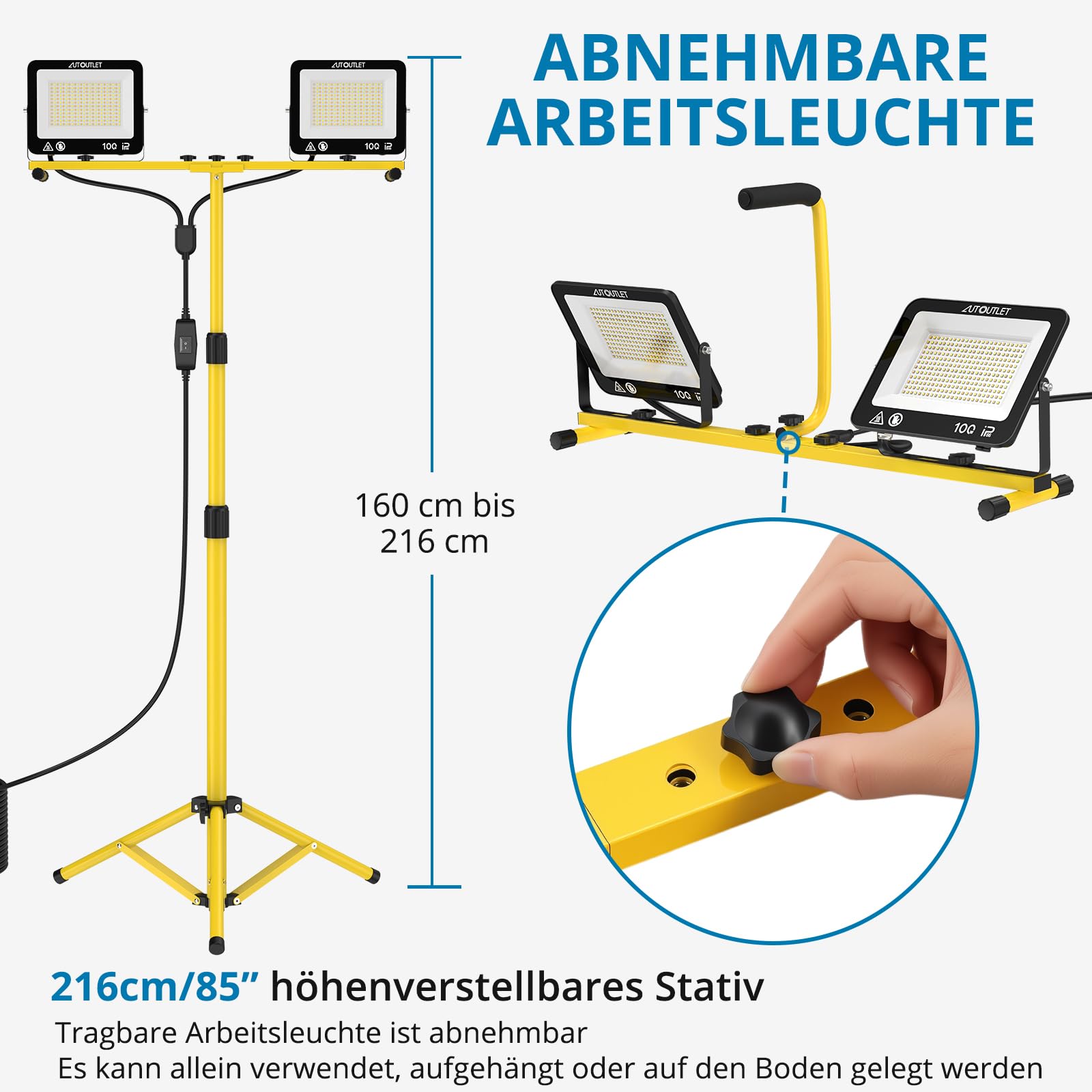 AUTOUTLET Baustrahler LED mit Stativ, 2x 100W 19000LM LED Strahler Arbeitsleuchte mit 3 Farbtemperaturmodi, verstellbarer Stativ & 5M Netzkabel IP66 Wasserdicht,abnehmbar Baulampe für Garage Baustelle