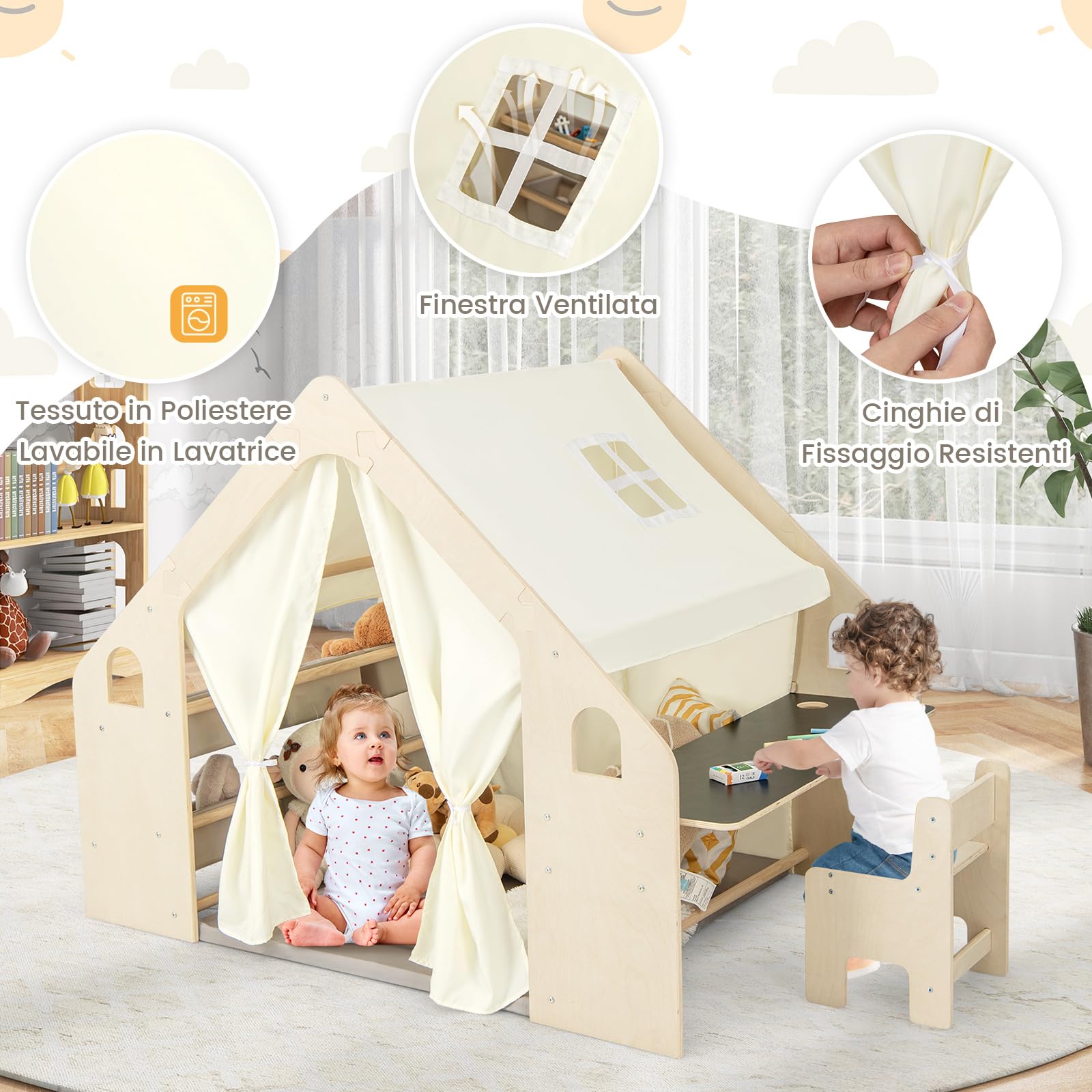 COSTWAY 6 in 1 Tenda per Bambini in Legno, Tenda Casetta da Gioco con Tavolo e Sedia, con Tappetino Lavagna e 6 Scatole Portaghiochi, Capanna per Bambini (Beige 98 x 145 x 113 cm)