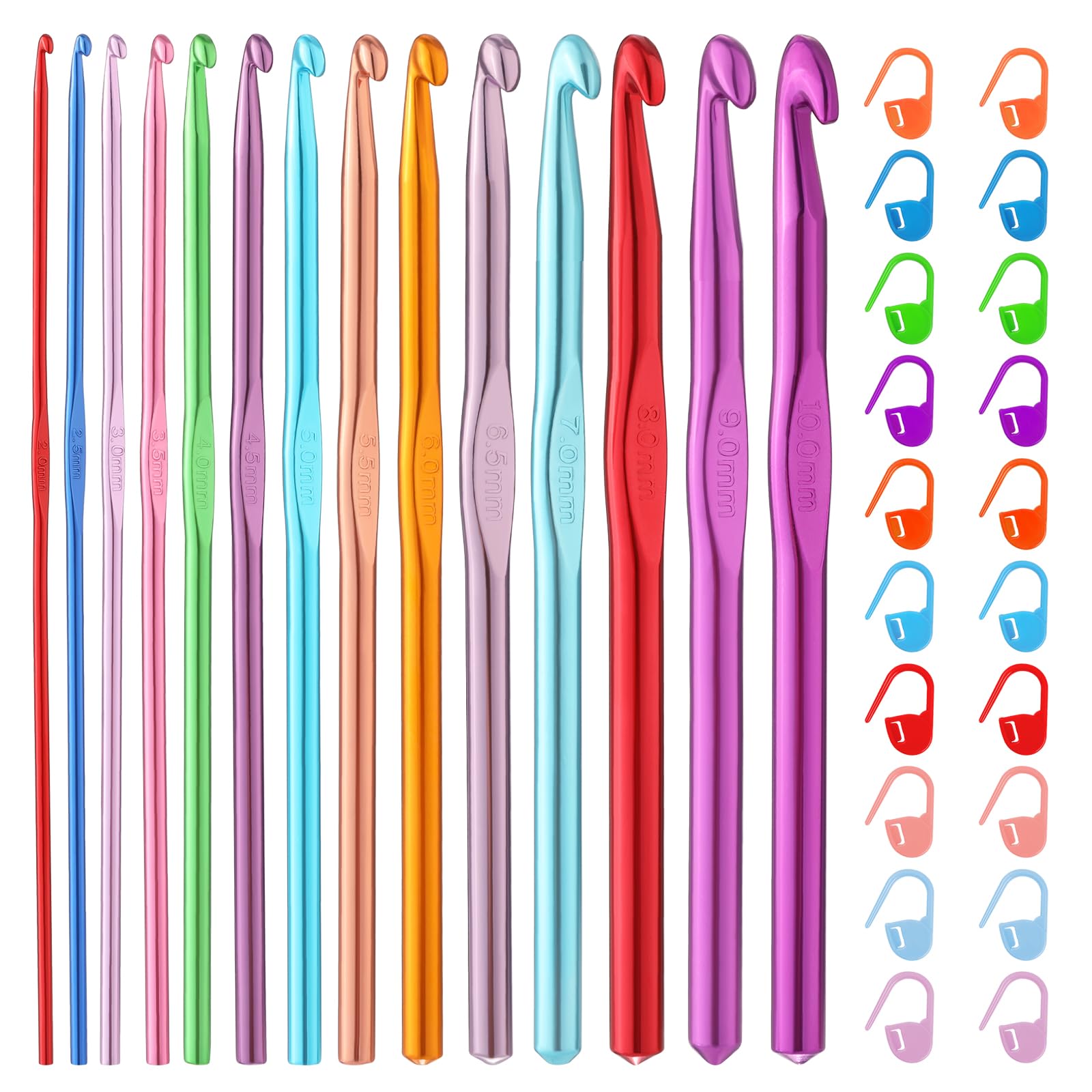 Mayboos Juego de 35 agujas de ganchillo, mango ergonómico de aluminio de colores, agujas de tejer para ganchillo para principiantes y experimentados ganchos de ganchillo