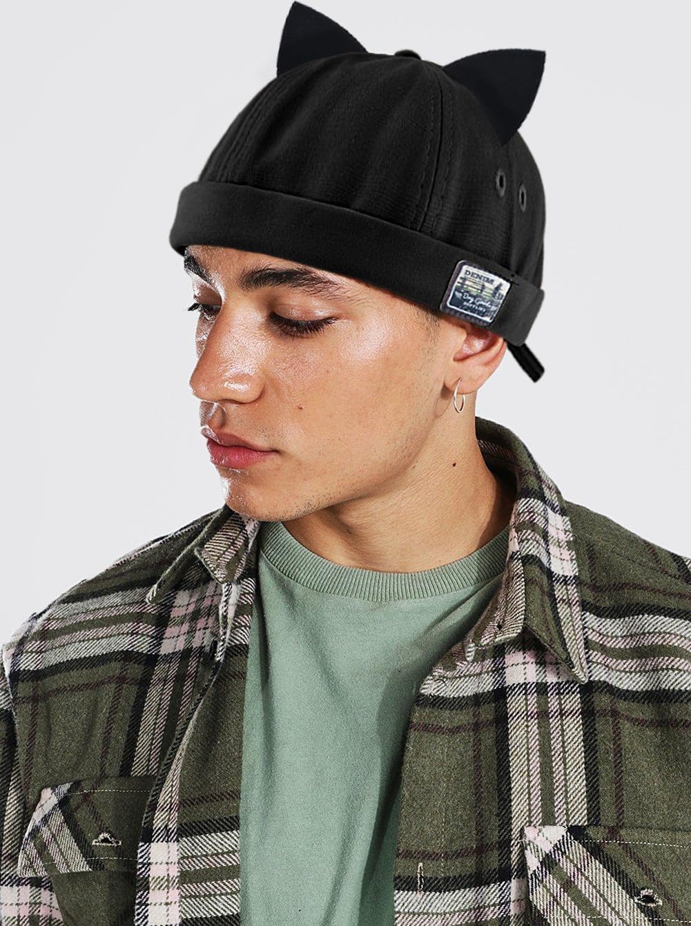 XYIYI Women Cat Ears Hat Cute Docker Cap Brimless Skullcap Sailor Cap Rolled Cuff Retro Beanie Hat - Image 3