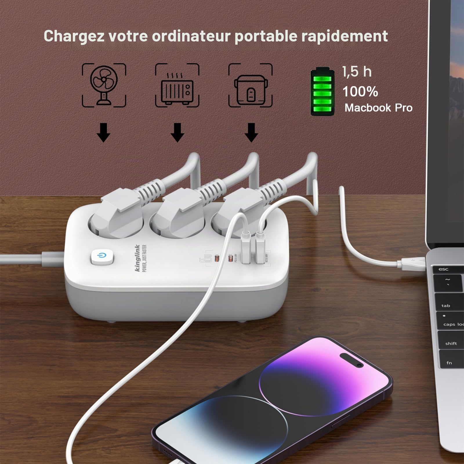 Bloc multiprise, avec chargeur USB C, 65 W, multiprise 3 prises, avec interrupteur, bloc d'alimentation GaN USB C pour iPhone, iPad, MacBook Air/Pro, Galaxy, Huawei, Switch, ordinateur portable Dell