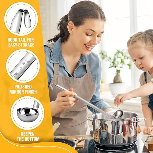 Vista 70 de meekoo Cucharón de acero inoxidable con mango de sopa con borde de vertido para cocina, cocina, salsa de sopa (4 onzas)