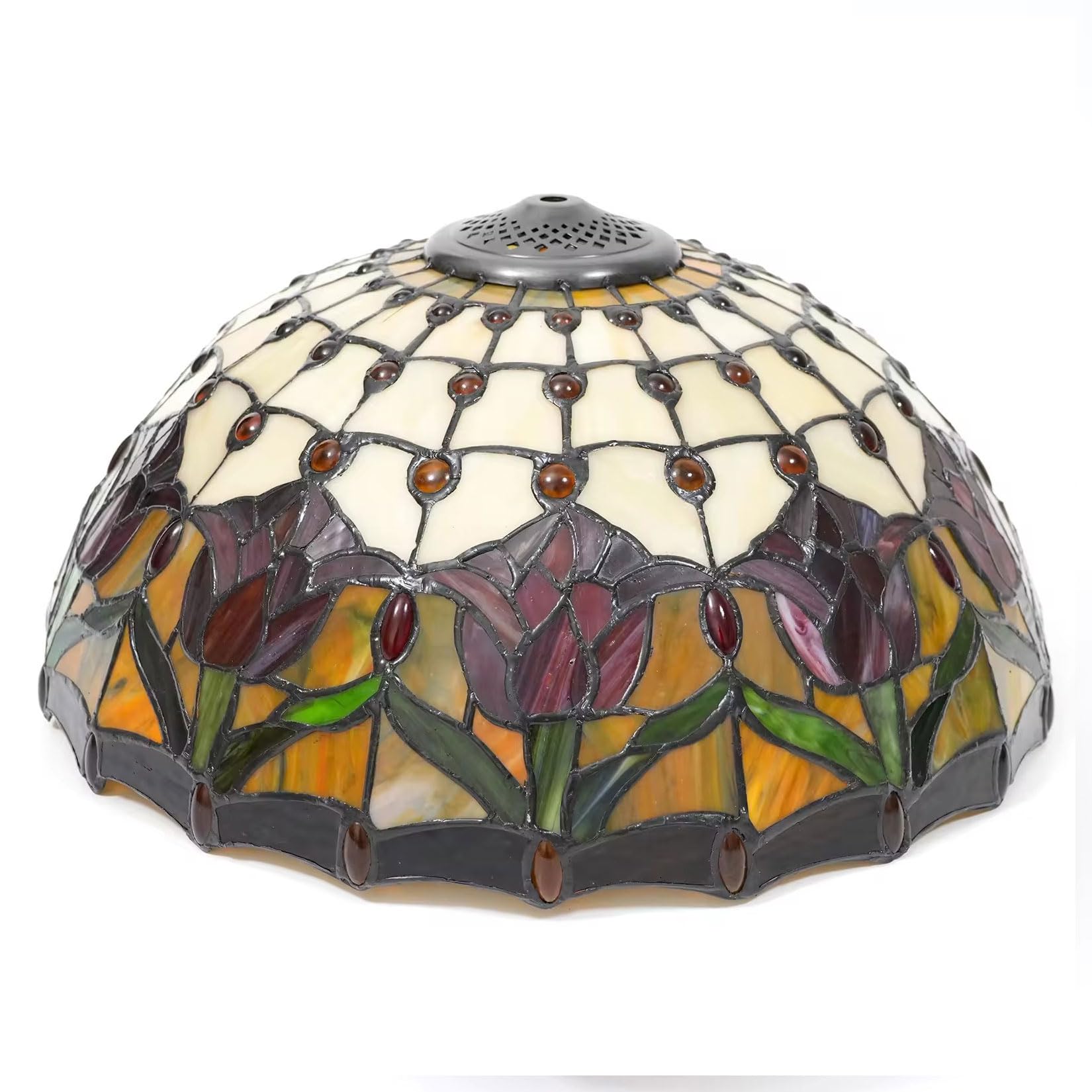 SaryEdge Tiffany Lamp Shade Replacement, 16 Inch Stained Glass Lampshades, Antique Tulip Sunflower Crystal Beads Mediterranean Design Light Cover, Only for Table Lamp Floor Lamp Pendan，Red Tulip