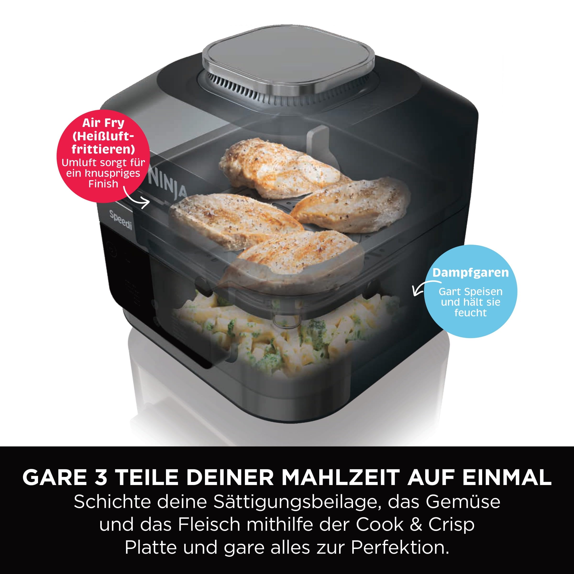 Ninja Speedi Multikocher, 5,7L, 12-in-1 Multicooker, Air fryer Heißluftfritteuse, Slow Cooker Langsamkochen, Grillen, Backen, Schwarz ON500EU
