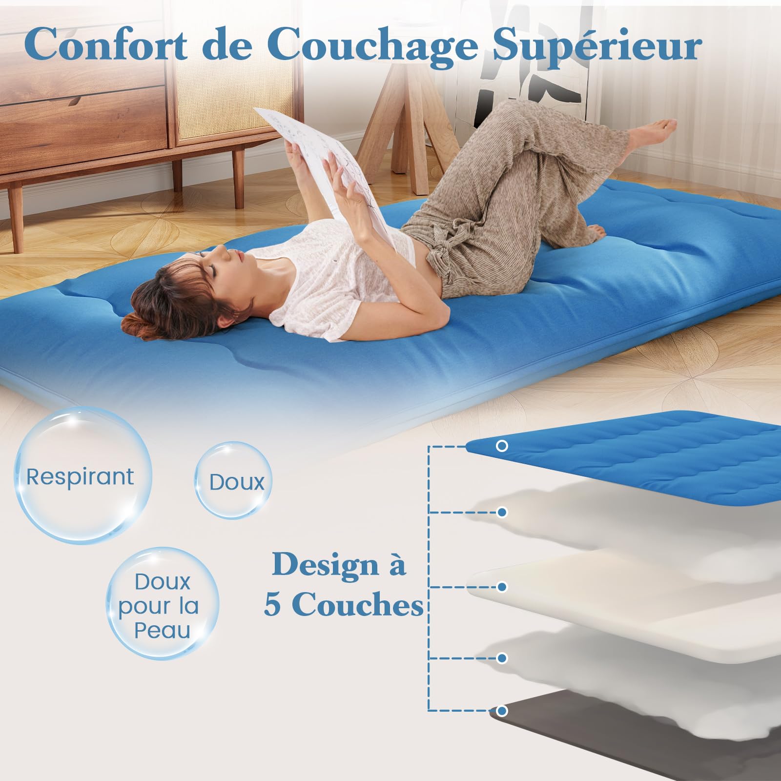 GOPLUS - Colchón Futón japonés para 1/2 personas, cama plegable y portátil con bolsa de transporte para camping, viajes en coche, 90/140 x 200 cm (azul, 90 x 200 cm), IV21720FR