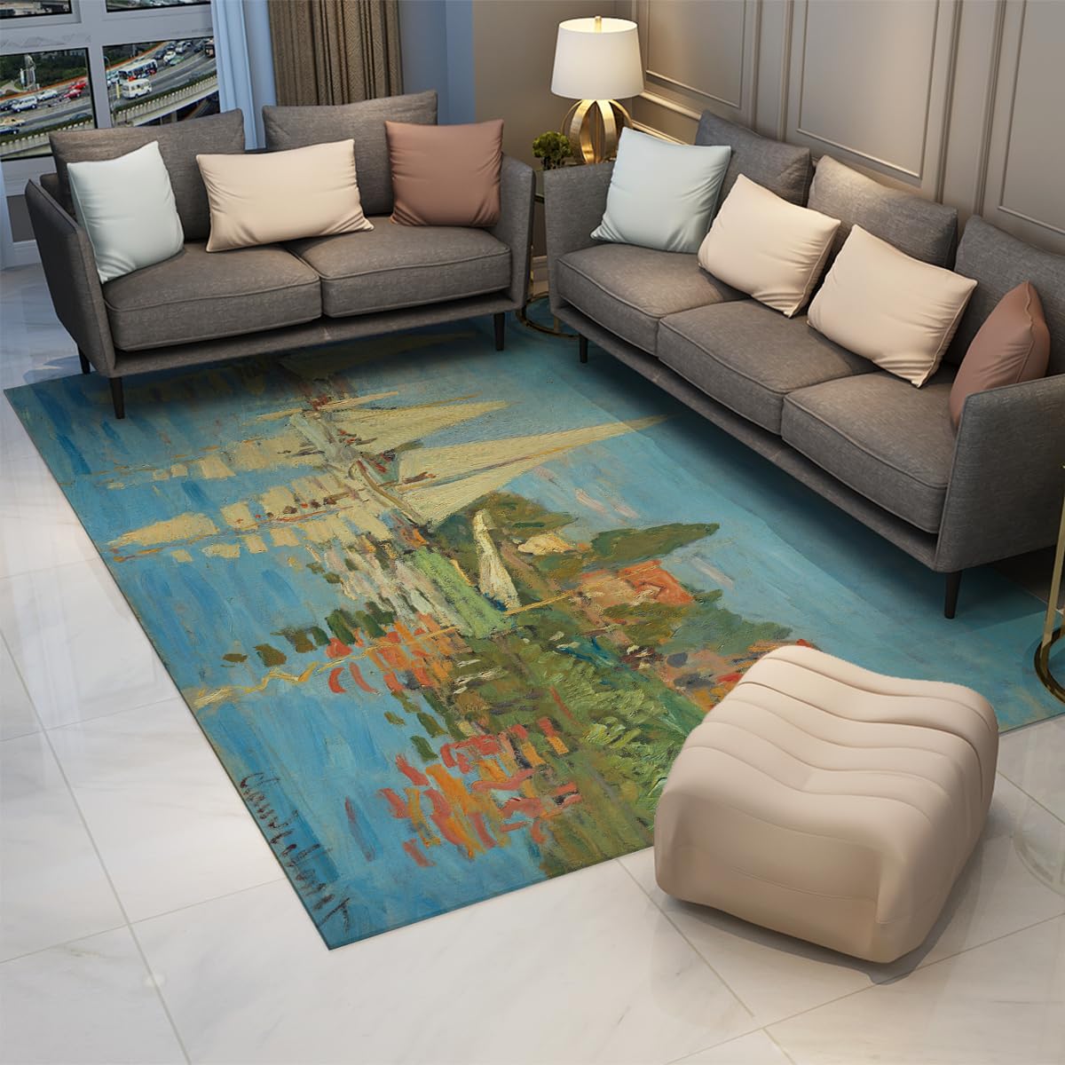 Tapis lavable Monet 200x300cm antidérapant : grand tapis salon motif voilier Monet