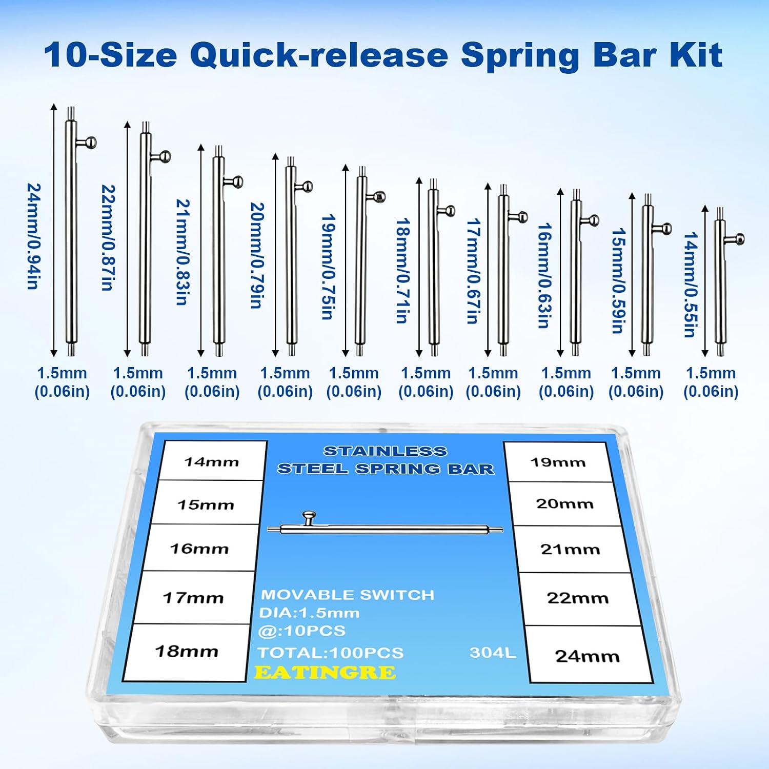 100-Pack Quick Release Spring Bars, 14-24mm Watch Band Pins