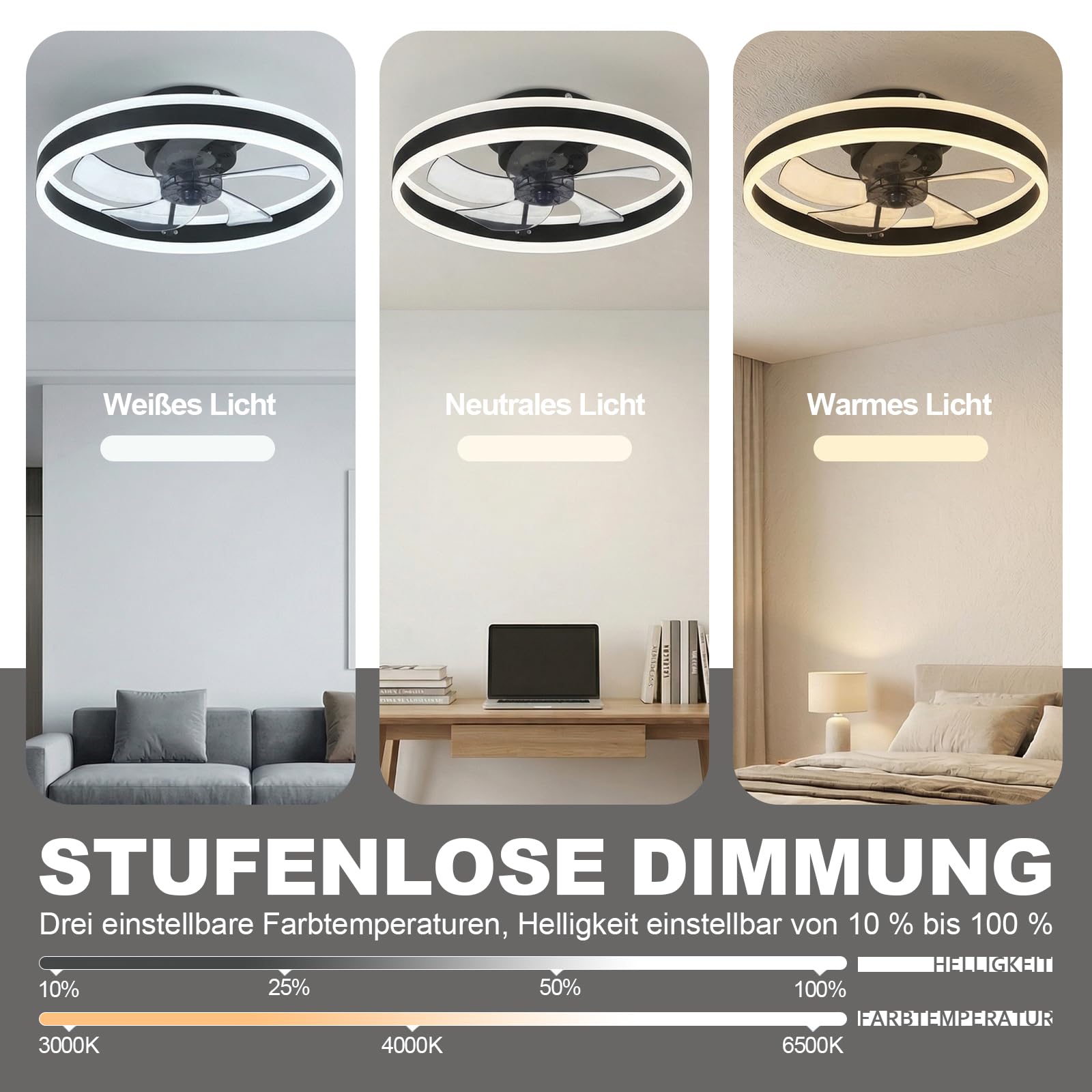 DATO Deckenventilator mit Beleuchtung, 3 Farbtemperatur und 6 Geschwindigkeiten, APP/Fernbedienung Leise Dimmbar, Schwarz, 50CM