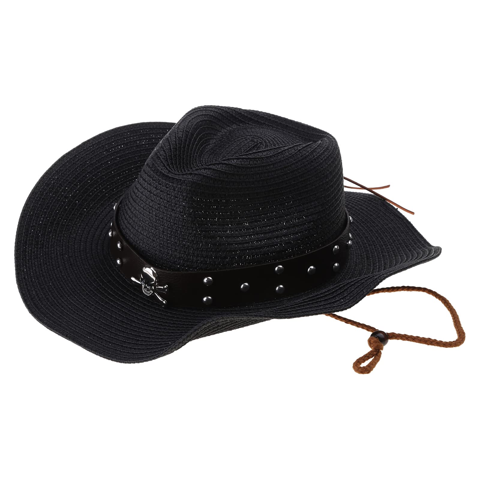 YUNNESS Sombrero de vaquero vintage estilo occidental grande de metal con ala de calavera, sombrero de vaquero tejido de paja, accesorio para verano, resistente al sol, color negro, Negro, as the pic show