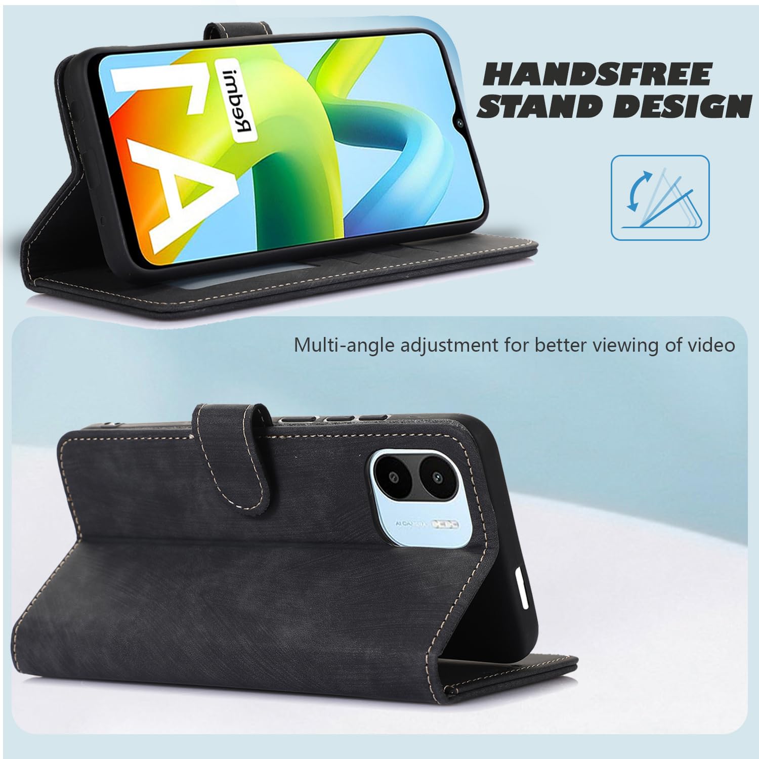 GAPlus Étui en cuir pour Xiaomi Redmi A2 - Étui portefeuille en cuir de qualité supérieure avec rabat [Porte-carte] [Fermeture magnétique] (Xiaomi Redmi A2) Noir