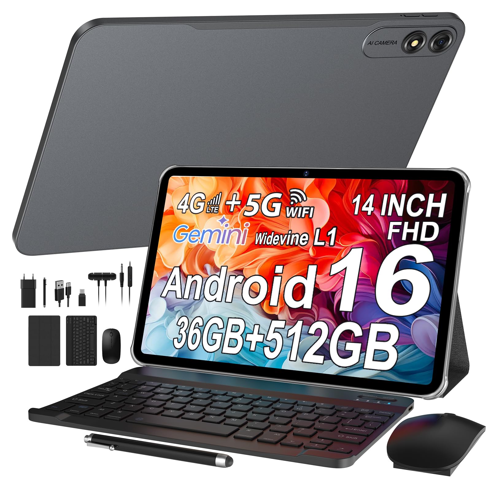 Android 16 Tablet 14 Zoll mit 1920 x 1200 FHD 36 GB + 512 GB / TF 2 TB, Octa-Core, 11580 mAh, 4-Speaker, Dual SIM 4G LTE/5G WiFi/Widevine L1/GPS/Tablet mit Tastatur/Eingabestift/Grau