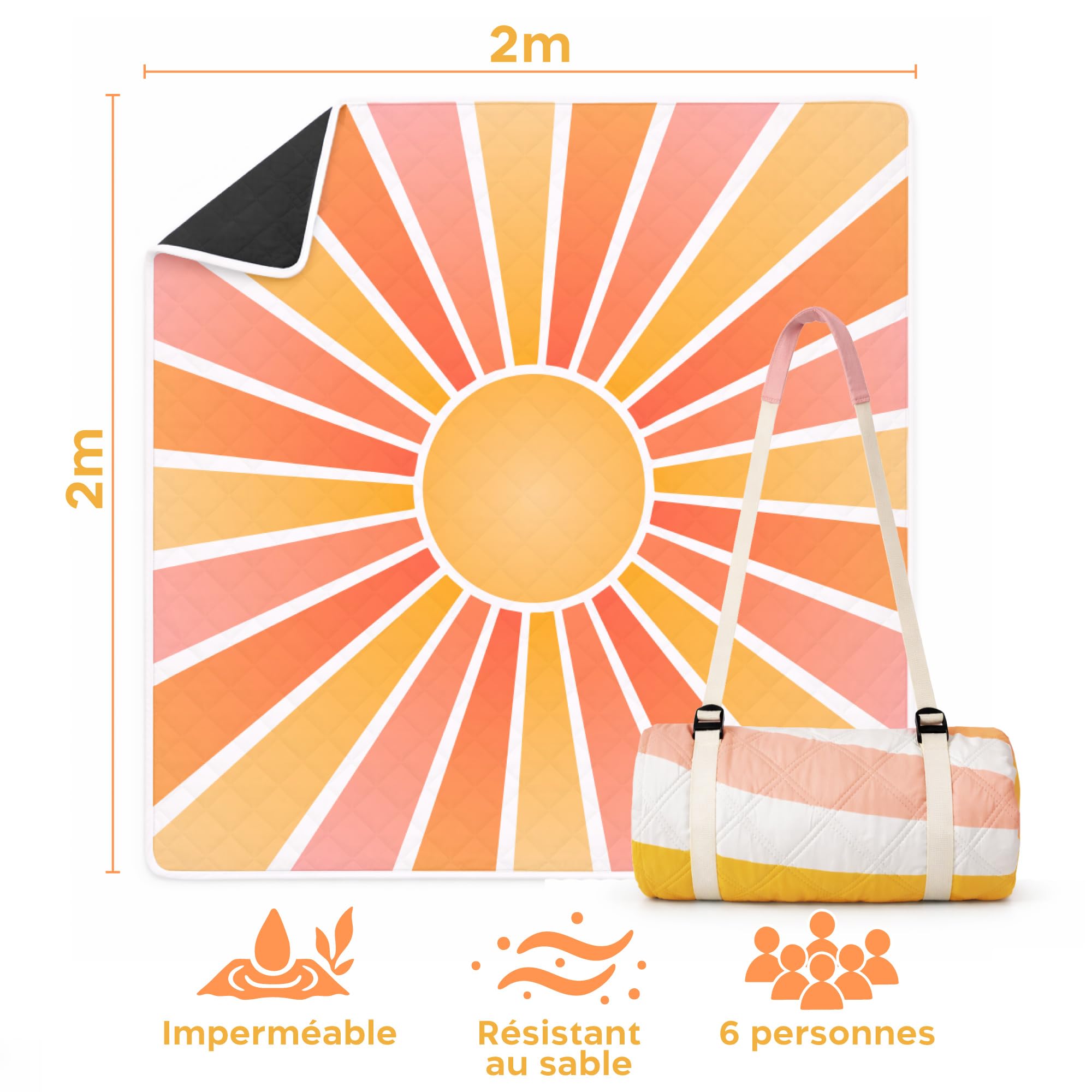 Twinzee Couverture de Pique-Nique 200x200cm Imperméable et Anti-Sable - Tapis de Plage Lavable, Pliable et Portable, idéal pour Plage, Pique Nique, BBQ et Camping - Sun