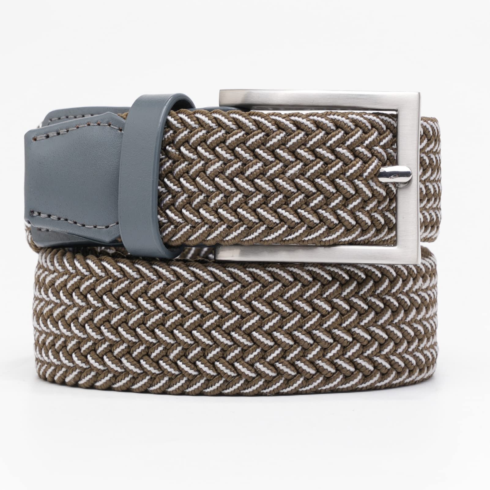 TOUGERJOY Mens Stretch Belt, Woven Elastic Braided Web Belt Casual for Golf Hunting Pants Jeans Small Green + White