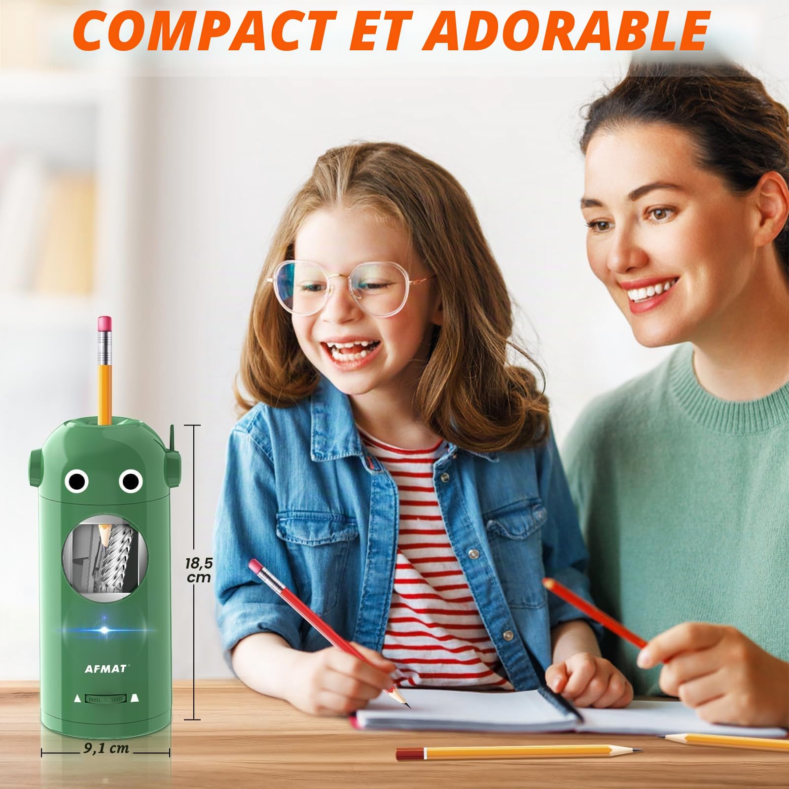 Taille-crayon électrique pour crayons de couleur de 7 à 11,5 mm - Entièrement automatique, rechargeable, mains libres - Fonctionne avec piles - Vert