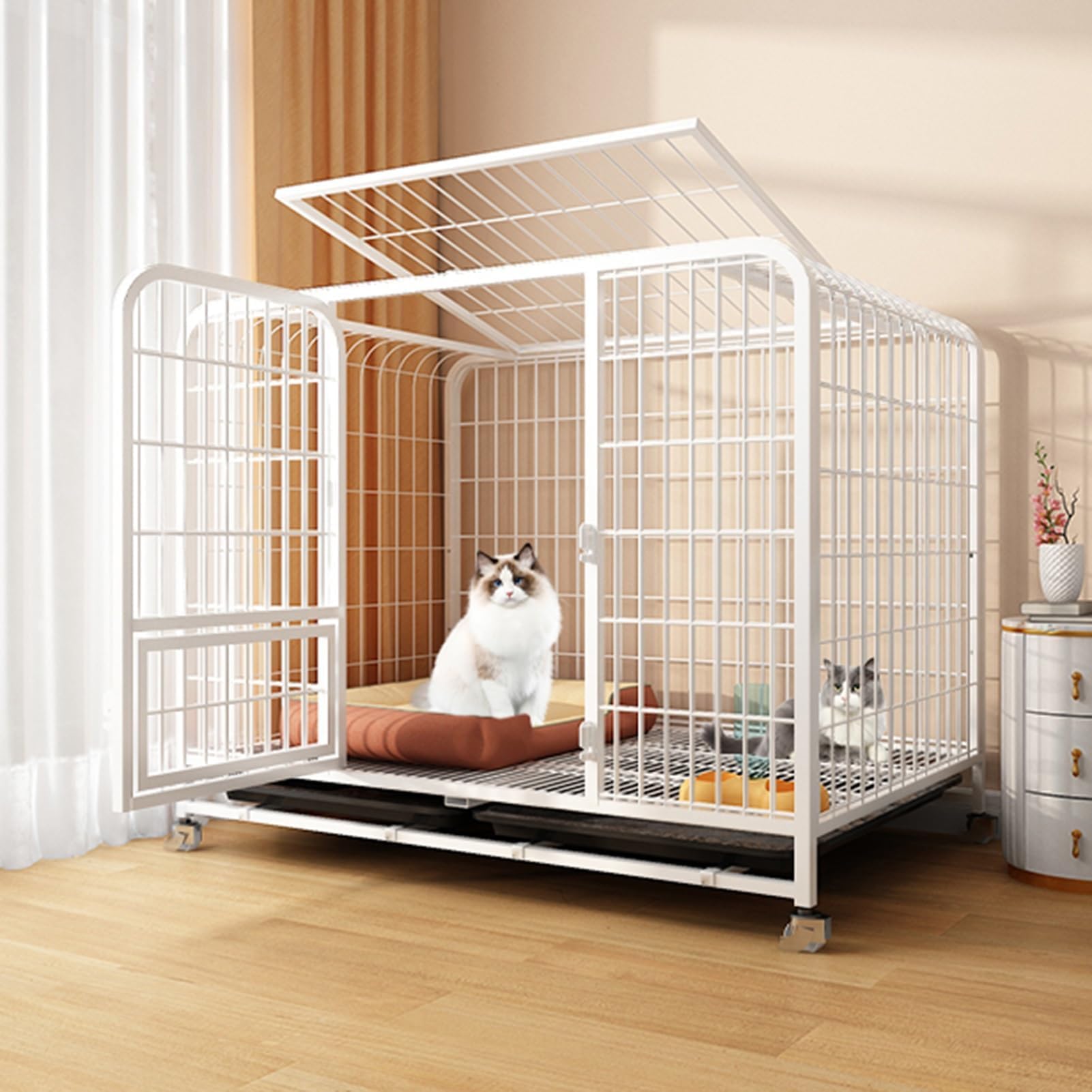Outdoor Cat House Cat Cages Enclosure with Wheels & Pull-Out Tray | Large Cat Cage | Extra Wide Door | Portable Cat Playpen for Cats, Guinea Pigs, Ferrets, Rabbits | White | 95 * 65 * 86cm