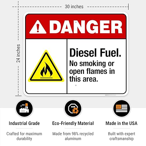 Miniatura 3 de Sigo Signs - Señal de peligro de combustible diésel, sin humo ni llamas abiertas en esta área, 24 x 30 pulgadas, aluminio 0.063 sin óxido,