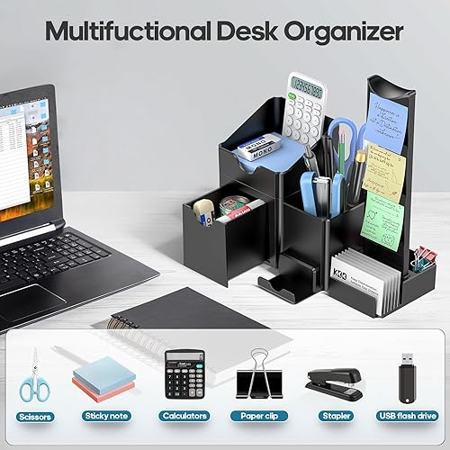 Miniatura 5 de KDD Organizador de bolígrafos con soporte para auriculares, soporte para lápices para escritorio con cajón y tarjetero, juego organizador de