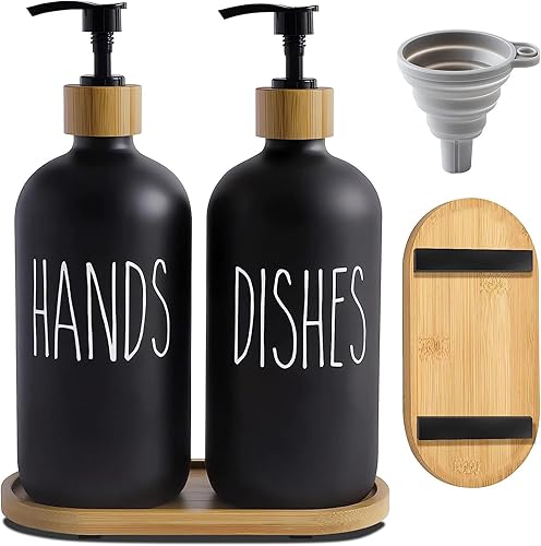 Dispensador de jabón de vidrio negro con bomba y bandeja de bambú, dispensador de lavavajillas de vidrio para cocina y baño vintage, dispensador de