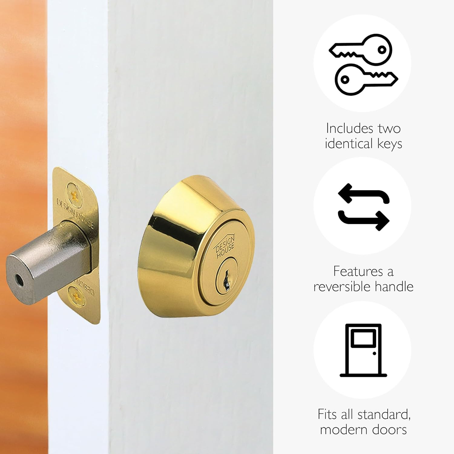 Design House Double Cylinder Deadbolt Lock, Polished Brass Front Door Lock, Fits 2-3/4" & 2-3/8" Backsets, for 1-3/8"–1-3/4" Doors, ANSI Grade 3, 782771
