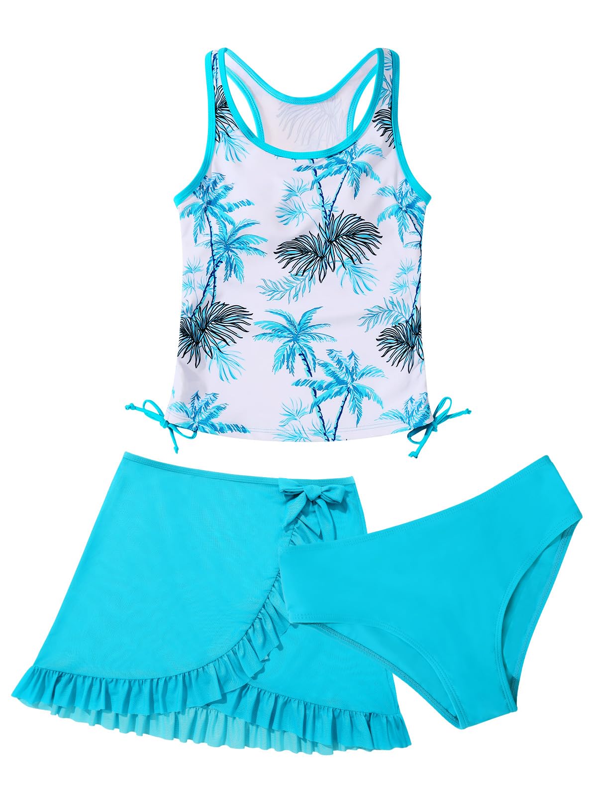 ESHOO Girls Swimsuit 3 Piece Tankini Suit Quick Dry Bathing Set with Cover Up Beach Skirt Kids Swimwear for 7-14 Years