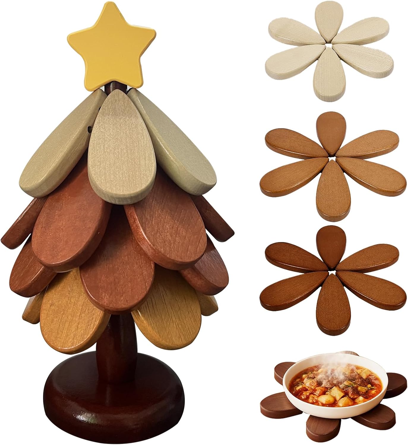 Wooden Trivets for Hot Dishes, Tree Shape Trivet Set, 4 Natural Solid Wood + 1 Stand stored Like a Christmas Tree,Foldable Kitchen Wooden Trivet for Pot Bowl Teapot Hot Pot Holder (Wood)