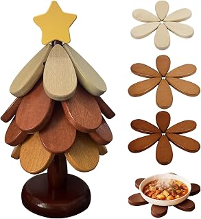 Wooden Trivets for Hot Dishes, Tree Shape Trivet Set, 4 Natural Solid Wood + 1 Stand stored Like a Christmas Tree,Foldable Kitchen Wooden Trivet for Pot Bowl Teapot Hot Pot Holder (Wood)