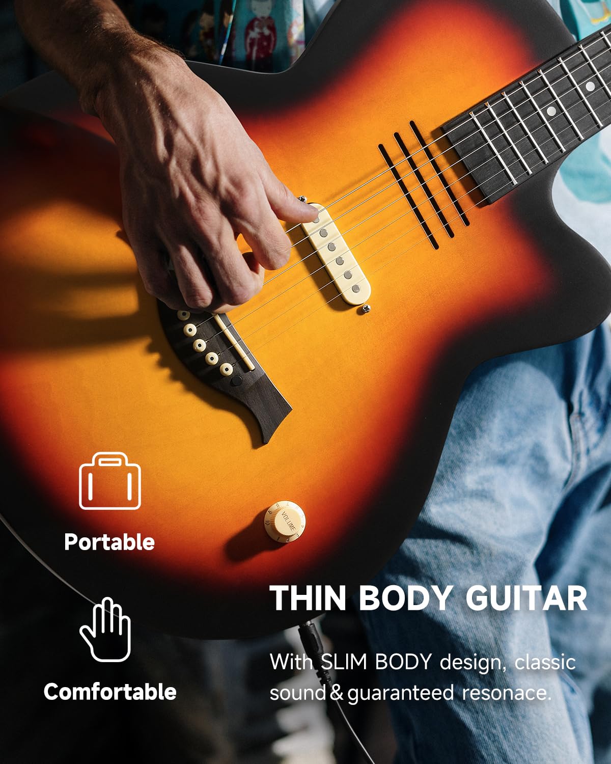 Guitare électro-acoustique Moukey BCC-100 39-inch, pan coupé, micro passif, housse, sangle, médiators, accordeur et capodastre, double mode acoustique et électrique, finition Sunburst