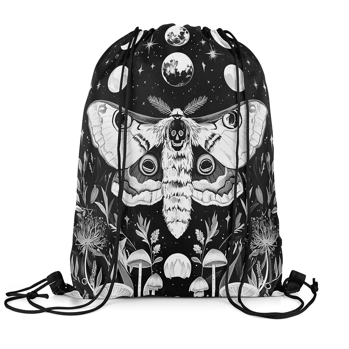 Feelyou Death Moth Gym String Bag 13"x15.7" Skull Drawstring Backpack Halloweenations Drawstring Bags Black Grey Waterproof Cinch Bag Soft
