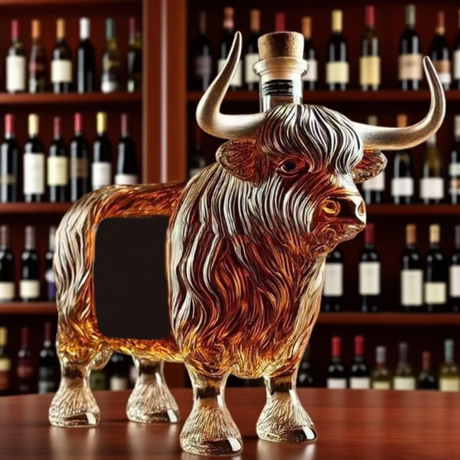 Bouteille de whisky vache des Highlands en verre soufflé pour vos dégustations
