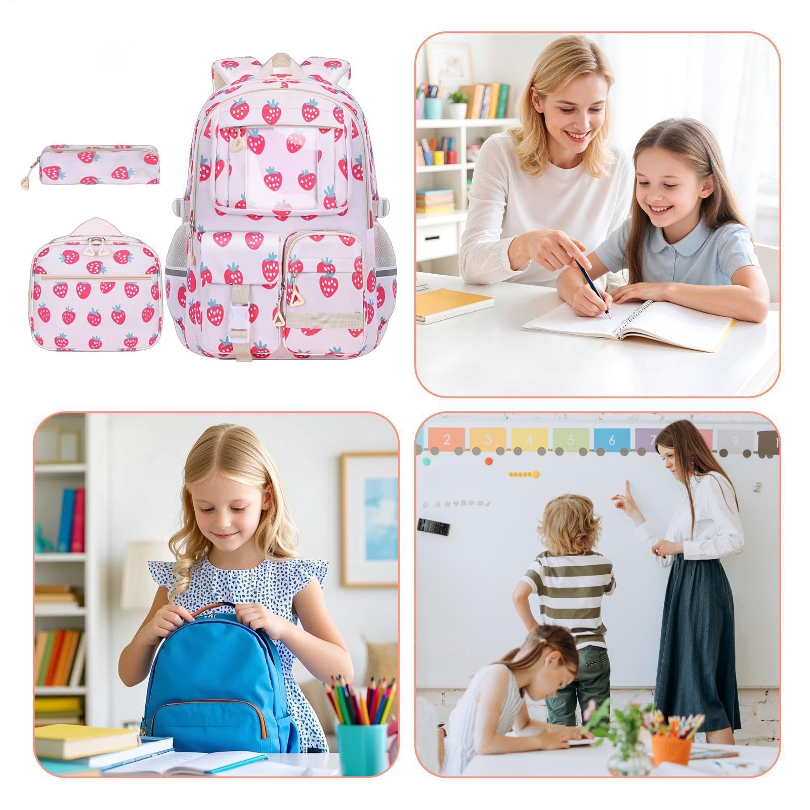 Zaino Per Bambini Set 3 Pezzi Con Cinturino Regolabile, Striscia | Zaino Scuola Ragazze Per Adolescenti Studenti Di Elementari Medie E Superiori Outdoor Campegg