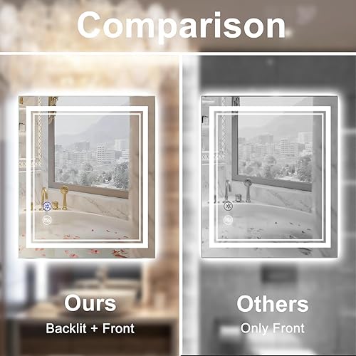 Vista 32 de SaniteModar Espejo de baño con luces de 32 x 24 pulgadas, espejo LED para baño, espejo de baño LED, 3 colores regulables, antiniebla, botón táctil