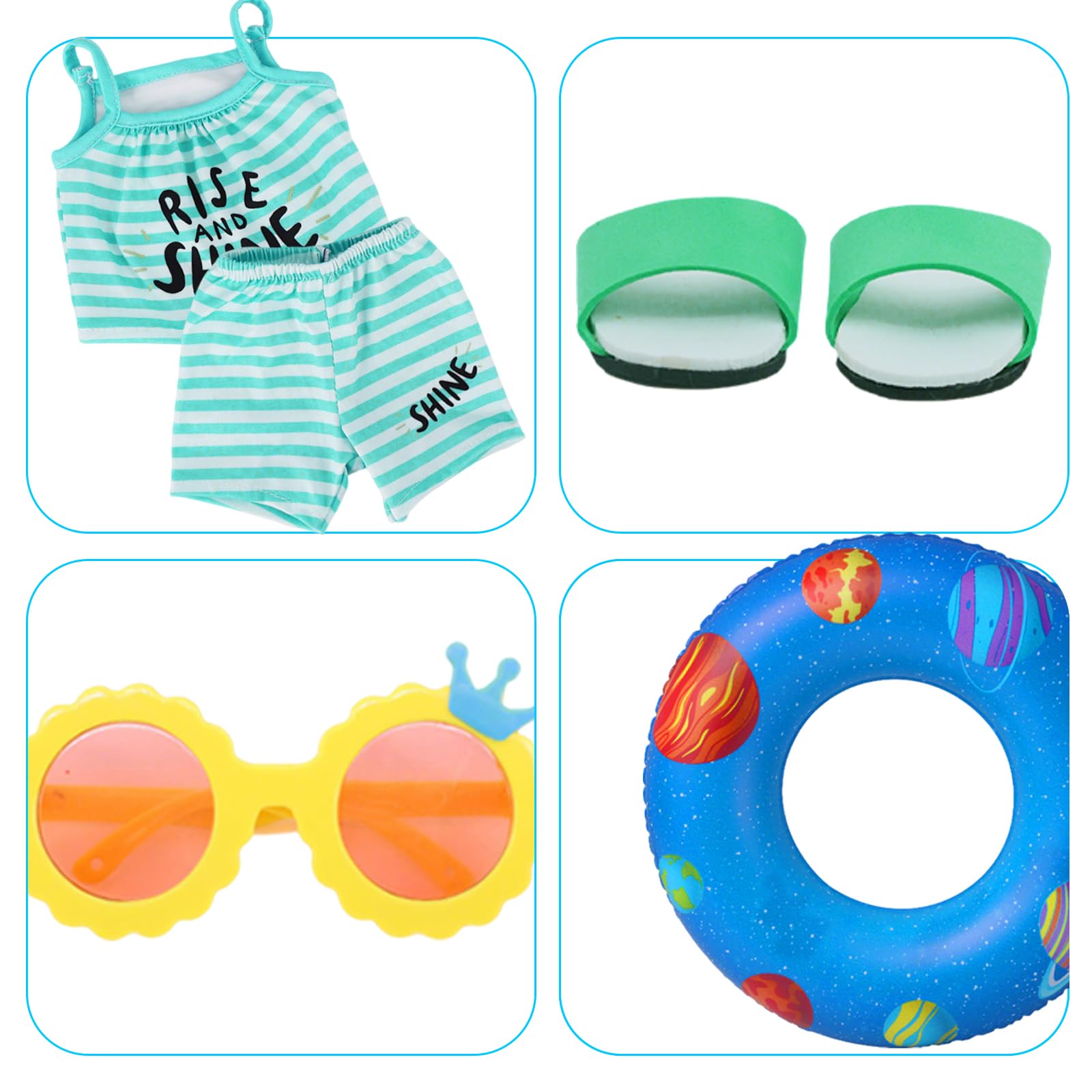 6-Teiliges Puppenkleidung 35–43 cm Sommer Set, Blau Weiß Gestreiftes Puppen Outfit mit Blauen Sandalen, Gelber Sonnenbrille, Blauem Schwimmring und Kleiderbügel