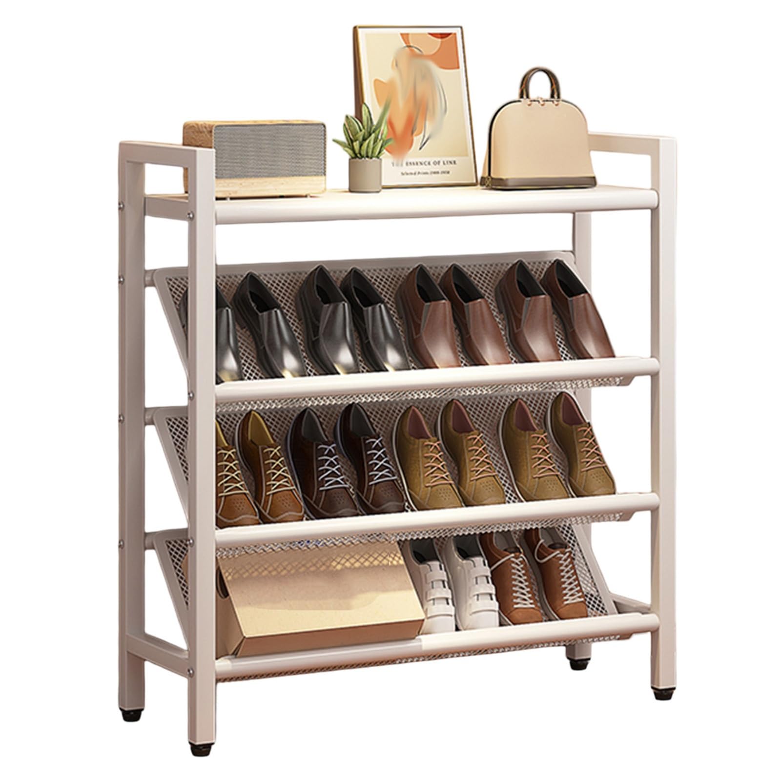 Space Saving Sloping Narrow Shoe Rack, Free Standing Slim Shoe Storage Organiser for Small Spaces and Corner, Sturdy Steel Shoes Shelf Holder for Hallway Entryway Behind Doors and Closet(White,50x19x9