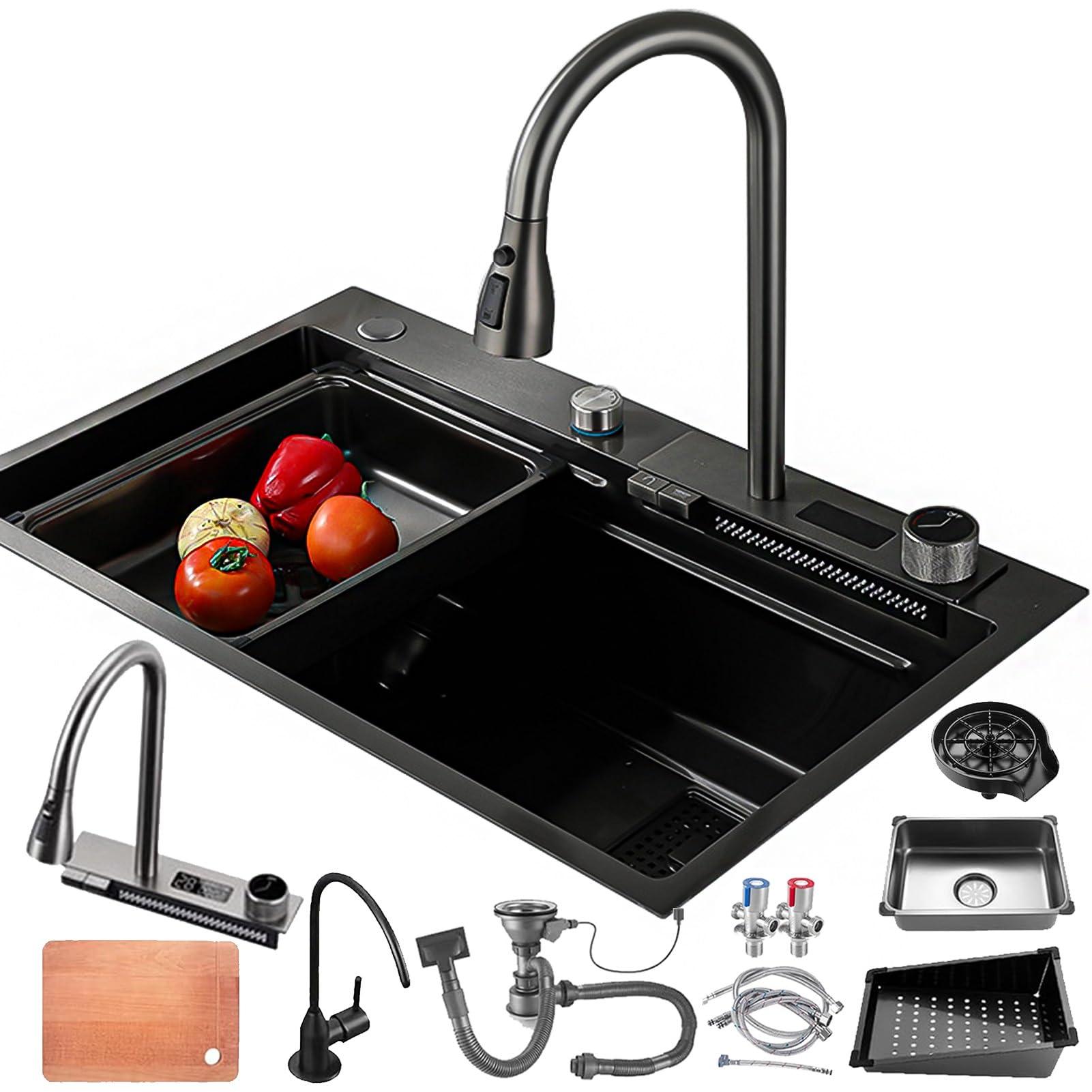 ZQFHSX Kitchen Sink Workstation - Waterfall Style Stainless Steel Single Bowl with Pull-Out Tap, Pressurized Cup Washer, and Dishwashing Accessories (Color : Black, Size 75x45x22cm)