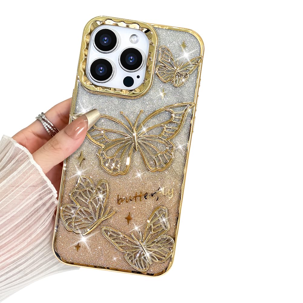 BITOBE Designed for iPhone 15 Pro Max, Cute 3D Butterfly Case Slim Plating Glitter Bling Luxury Cover for Women Girls Protective Camera Protection